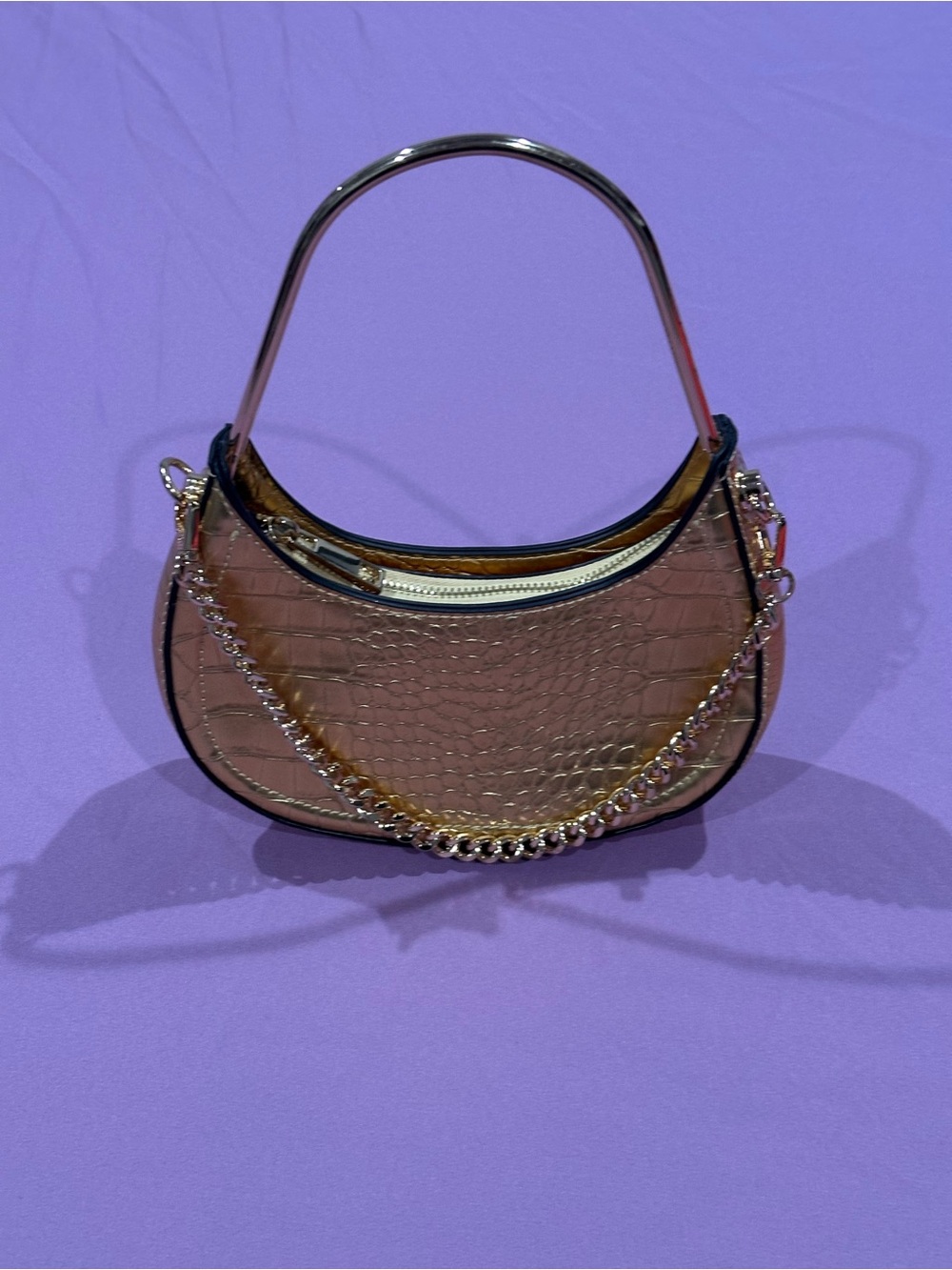 Aldo Metallic Gold Croc-Embossed Shoulder Bag with Chain Accent
